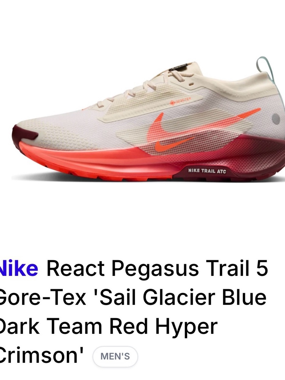 Nike React Pegasus Trail 5 GirMen's Trail Sneaker in Sail with Red-Orange Accent